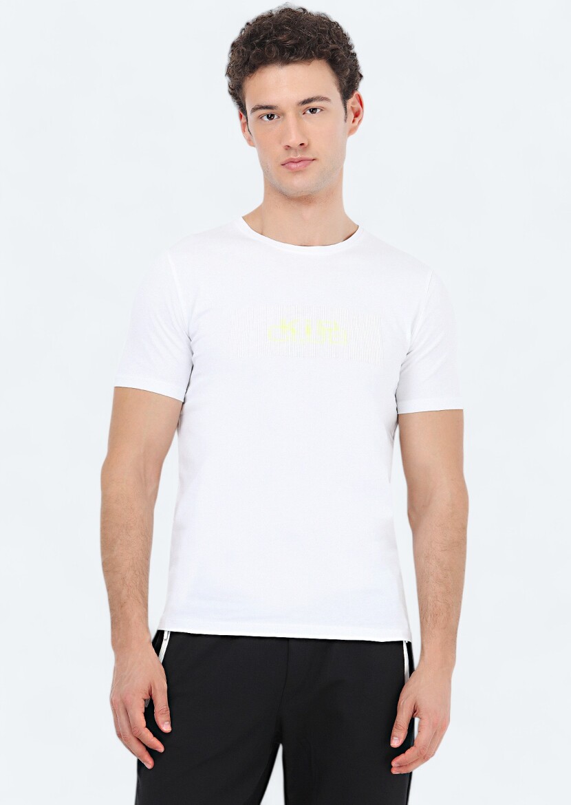 Beyaz Baskılı Bisiklet Yaka %100 Pamuk T-Shirt - 1