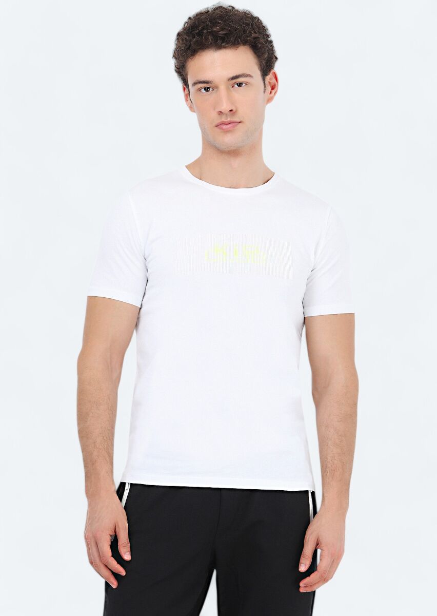 Beyaz Baskılı Bisiklet Yaka %100 Pamuk T-Shirt - 1