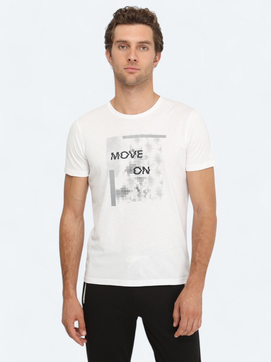 Beyaz Baskılı Bisiklet Yaka %100 Pamuk T-Shirt - 1