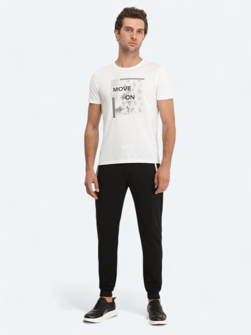 Beyaz Baskılı Bisiklet Yaka %100 Pamuk T-Shirt - 2