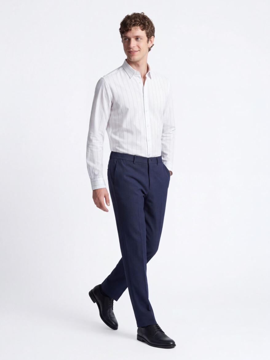 Beyaz Çizgili Regular Fit Dokuma Casual Pamuk Karışımlı Gömlek - KİP