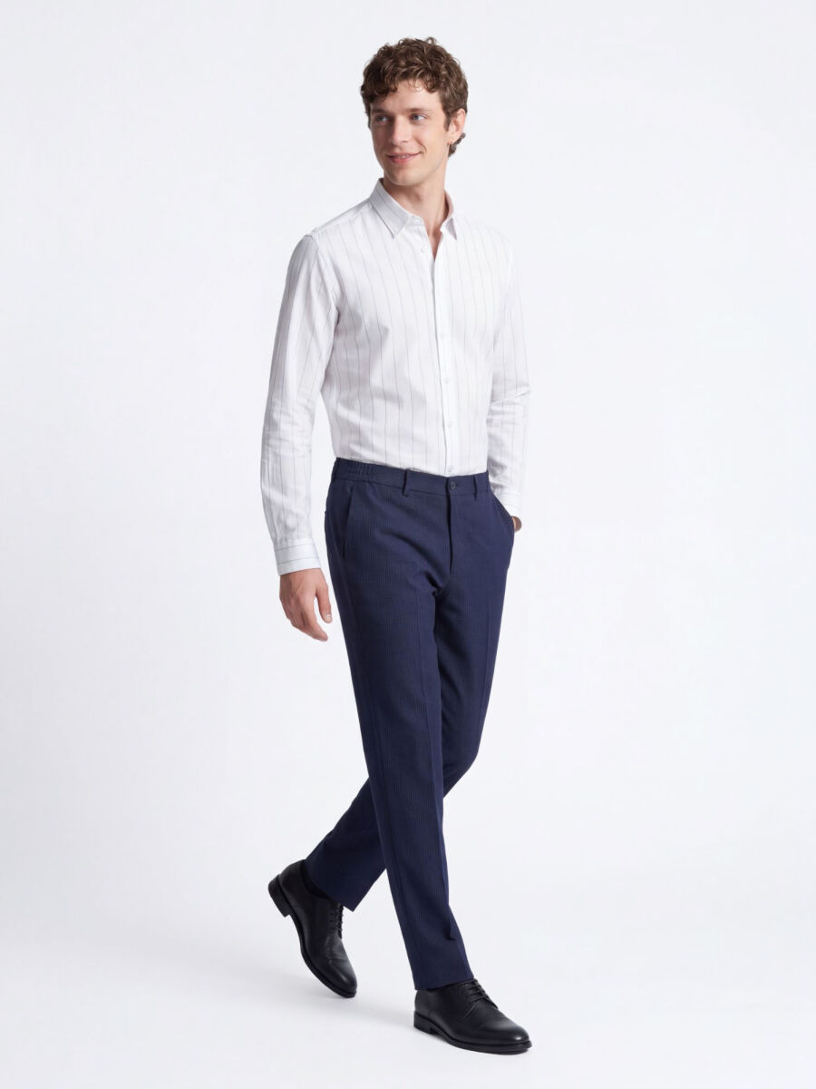 Beyaz Çizgili Regular Fit Dokuma Casual Pamuk Karışımlı Gömlek - 2