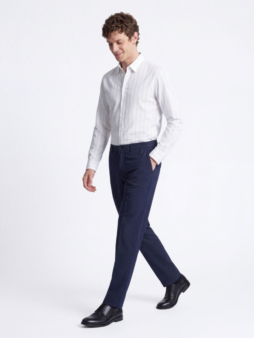 Beyaz Çizgili Regular Fit Dokuma Casual Pamuk Karışımlı Gömlek - 4