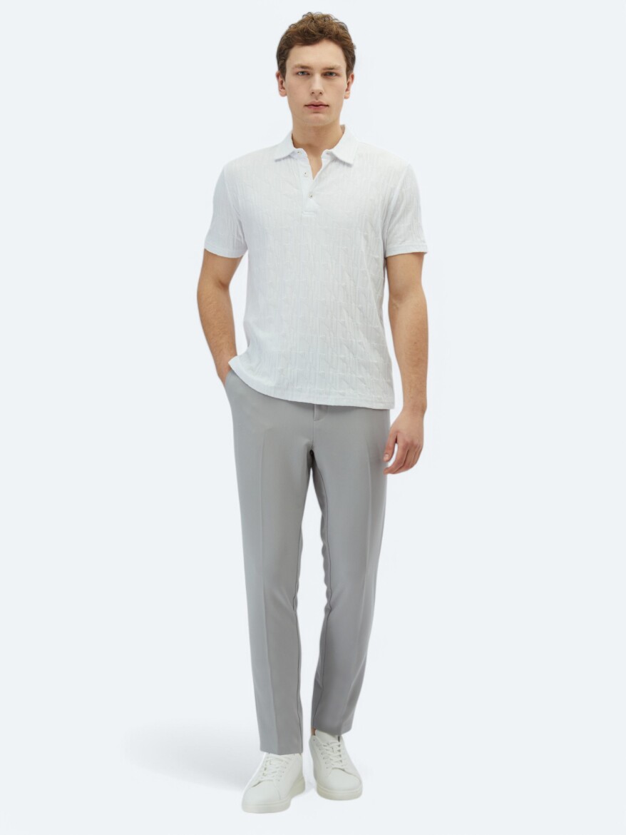 Beyaz Desenli Polo Yaka %100 Pamuk T-Shirt - KİP