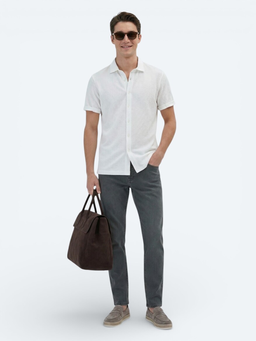 Beyaz Desenli Regular Fit Casual %100 Pamuk Gömlek - KİP