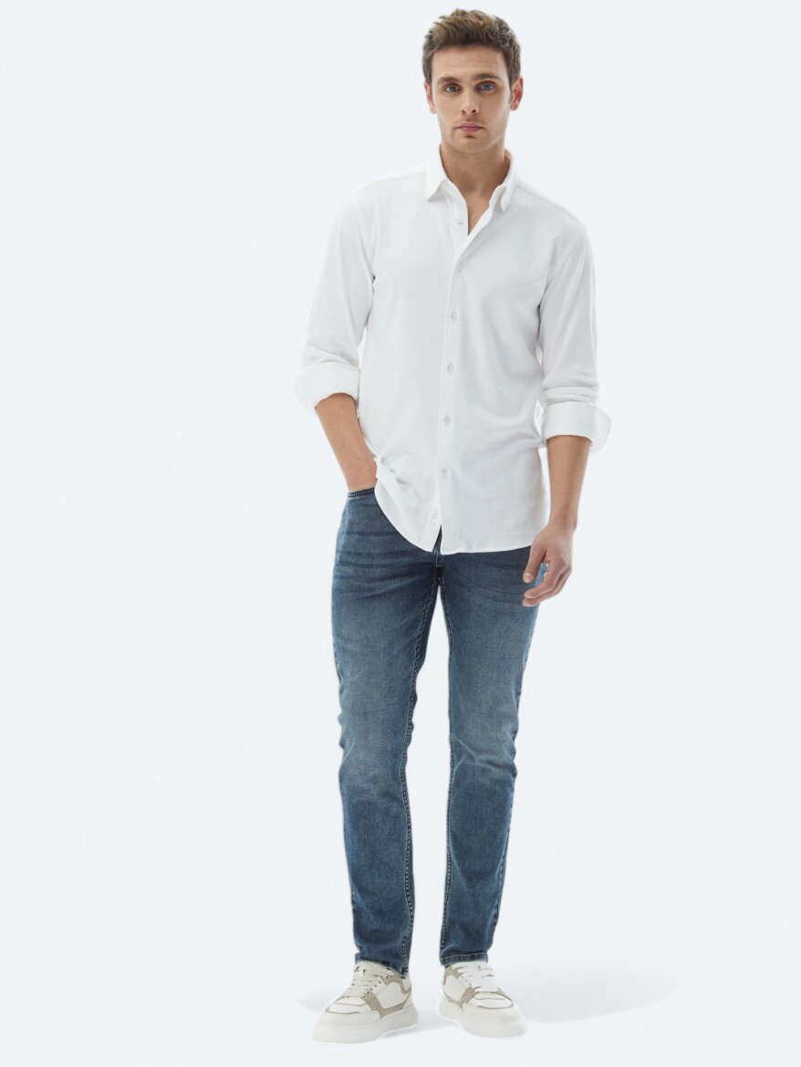Beyaz Düz Regular Fit Dokuma Casual %100 Pamuk Gömlek 