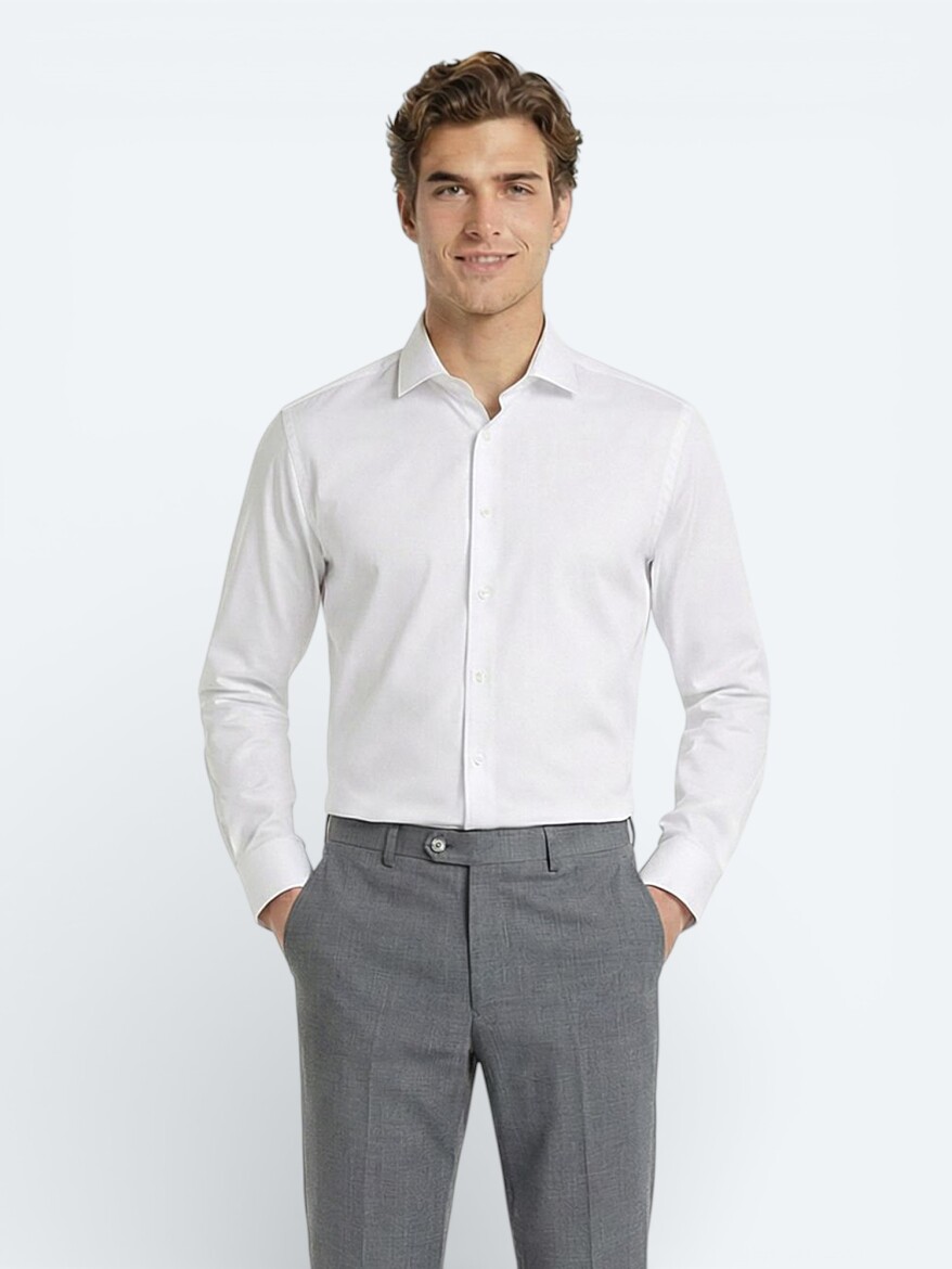 Beyaz Düz Regular Fit Dokuma Klasik %100 Pamuk Gömlek - 2