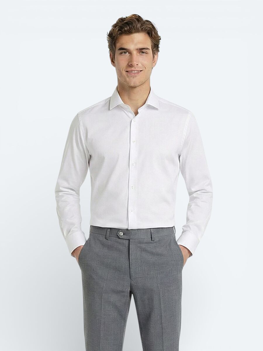 Beyaz Düz Regular Fit Dokuma Klasik %100 Pamuk Gömlek - 2