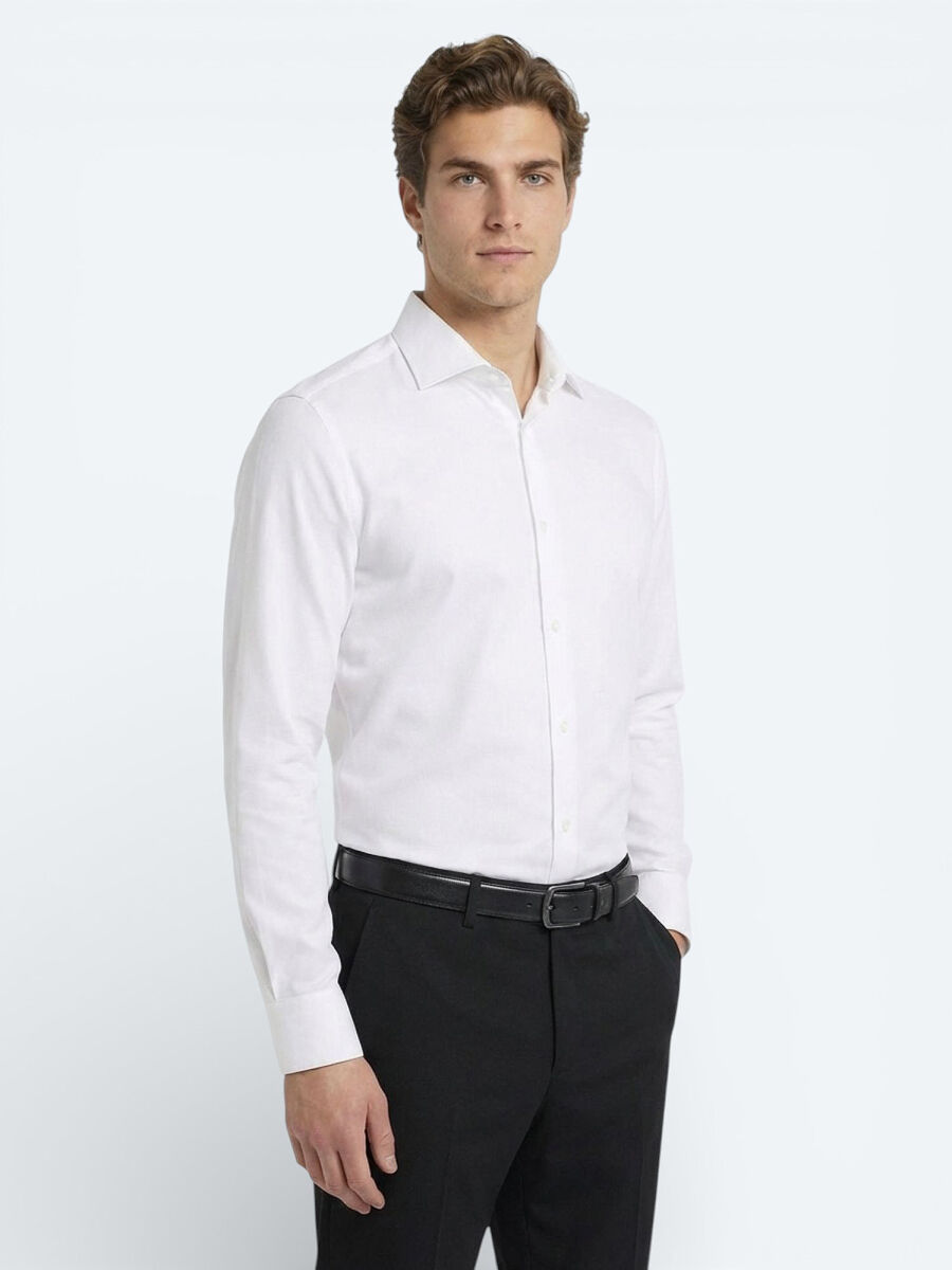 Beyaz Düz Slim Fit Dokuma Klasik Pamuk Karışımlı Gömlek - 1