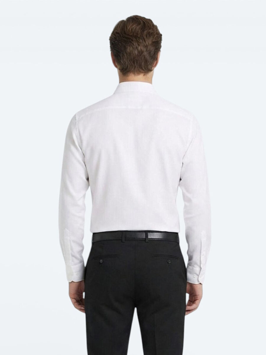 Beyaz Düz Slim Fit Dokuma Klasik Pamuk Karışımlı Gömlek - 5