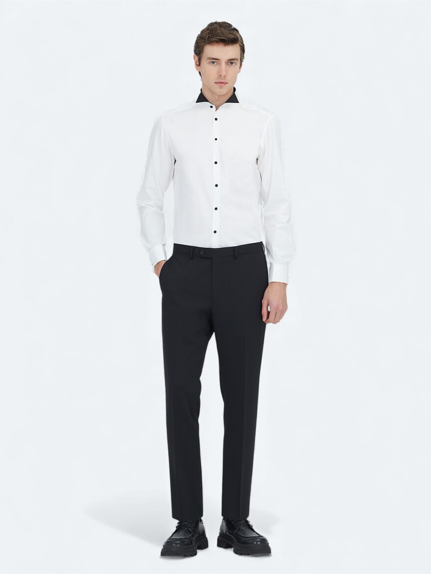 Beyaz Düz Slim Fit Duble Manşet Ata Yaka Smokin Gömlek - KİP