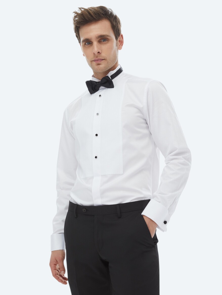 Beyaz Düz Slim Fit Duble Manşet Ata Yaka Smokin Gömlek - 1