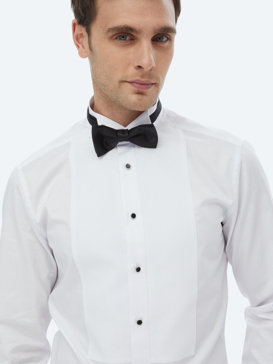 Beyaz Düz Slim Fit Duble Manşet Ata Yaka Smokin Gömlek - 2