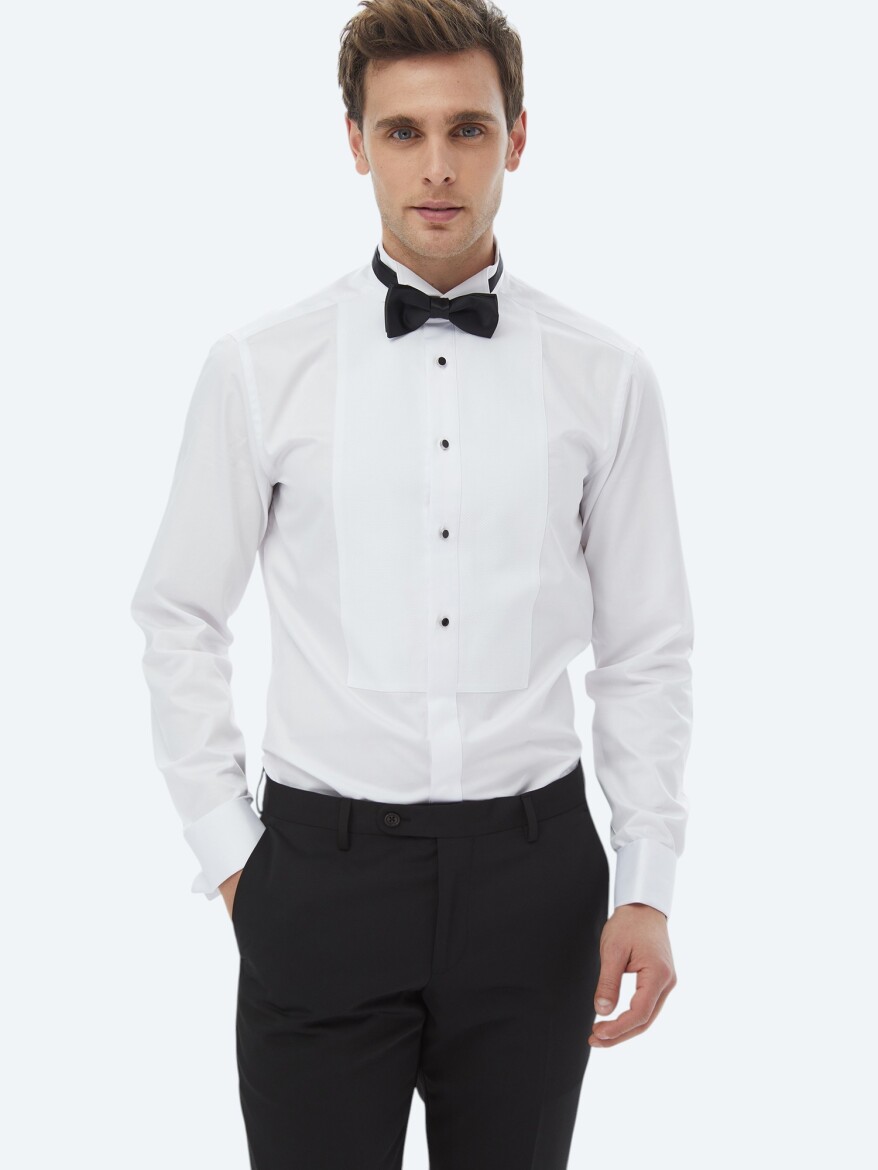 Beyaz Düz Slim Fit Duble Manşet Ata Yaka Smokin Gömlek - 3