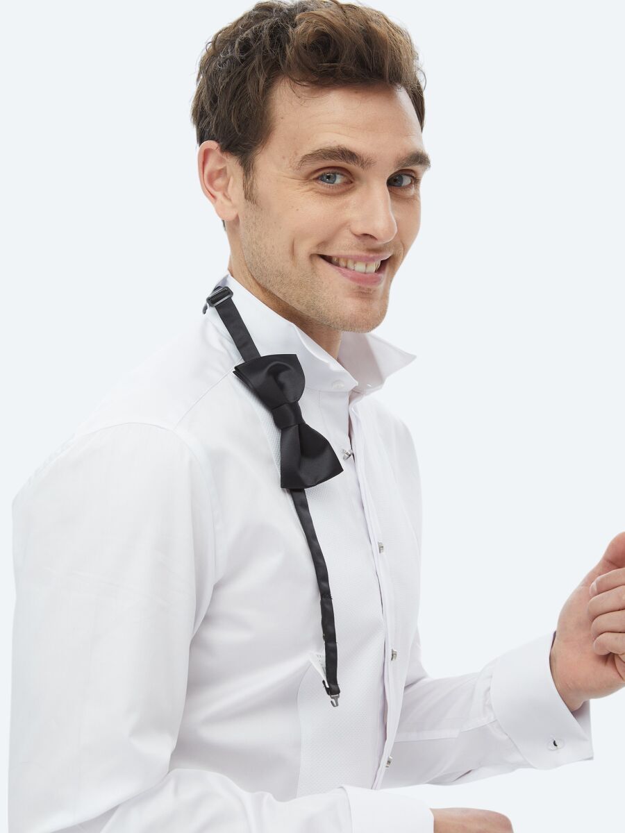 Beyaz Düz Slim Fit Duble Manşet Ata Yaka Smokin Gömlek - 4