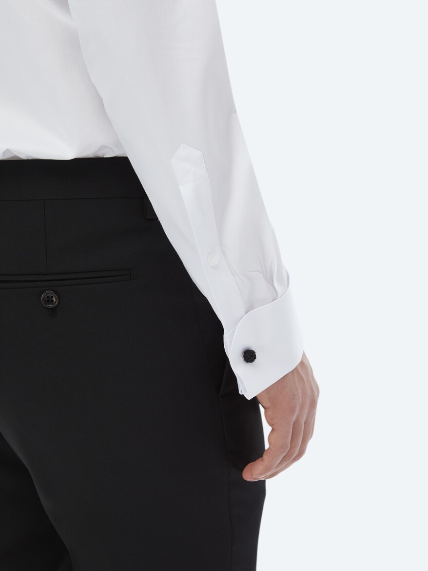 Beyaz Düz Slim Fit Duble Manşet Ata Yaka Smokin Gömlek - 7