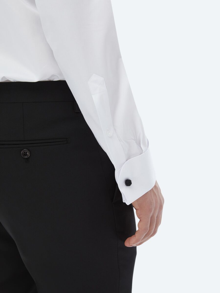 Beyaz Düz Slim Fit Duble Manşet Ata Yaka Smokin Gömlek - 7