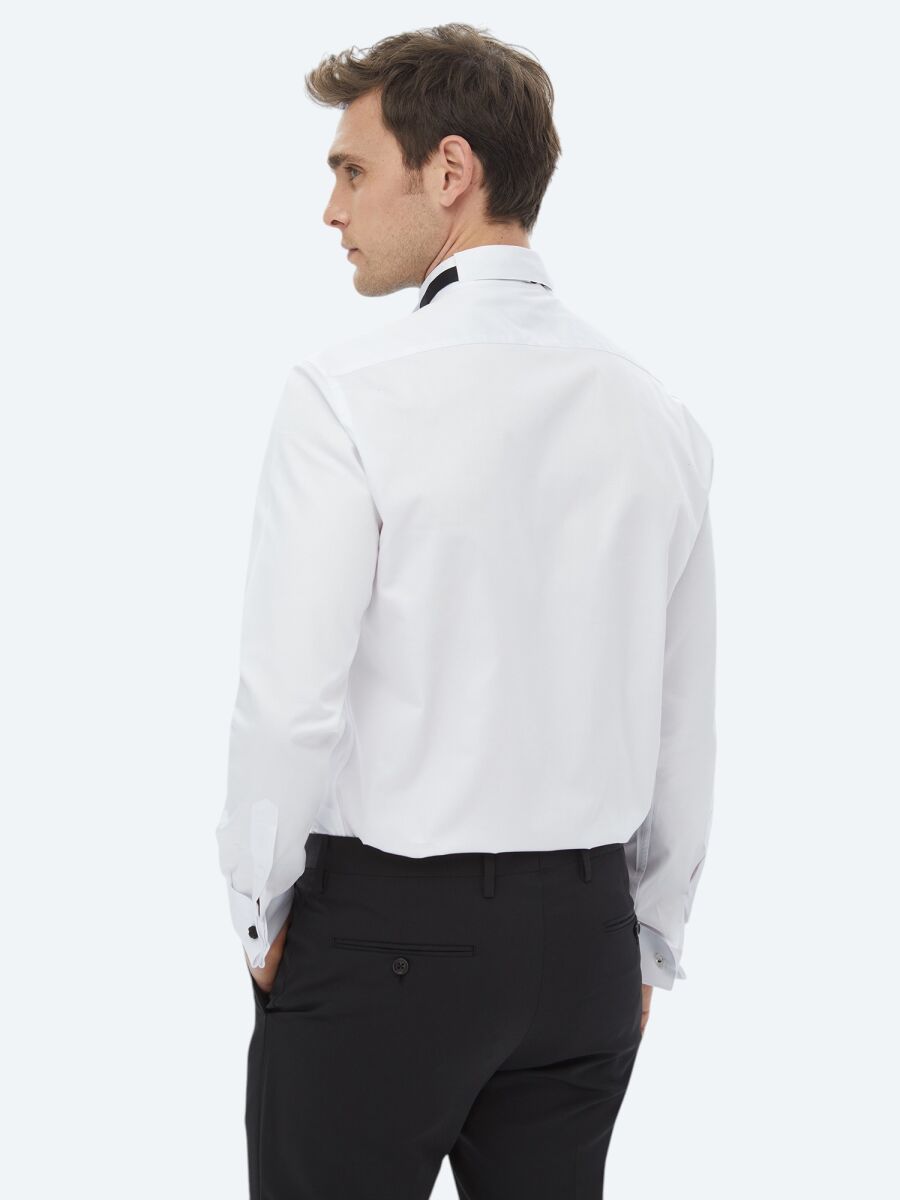 Beyaz Düz Slim Fit Duble Manşet Ata Yaka Smokin Gömlek - 8