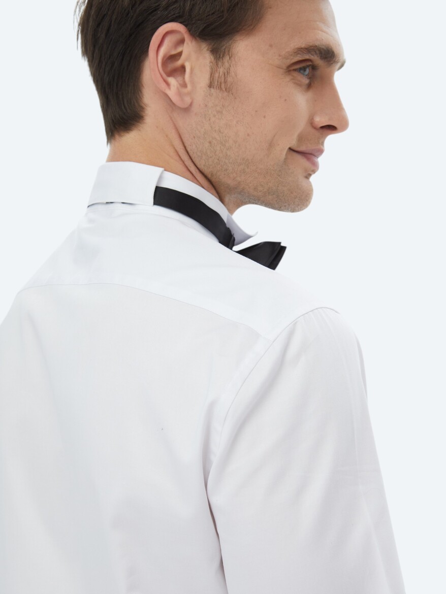 Beyaz Düz Slim Fit Duble Manşet Ata Yaka Smokin Gömlek - 9