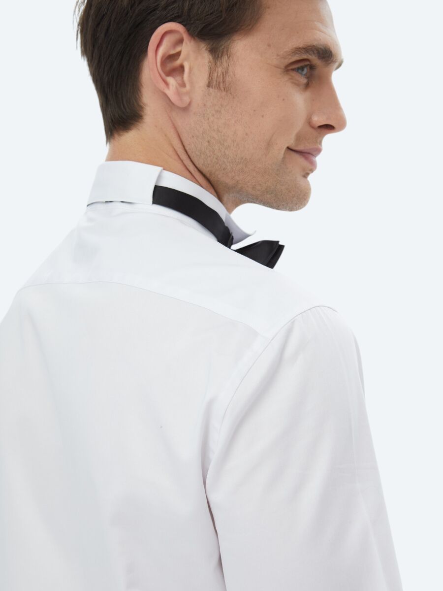 Beyaz Düz Slim Fit Duble Manşet Ata Yaka Smokin Gömlek - 9