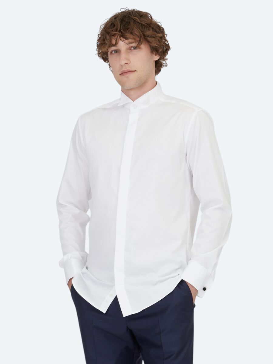 Beyaz Düz Slim Fit Duble Manşet Ata Yaka Smokin Gömlek - 4