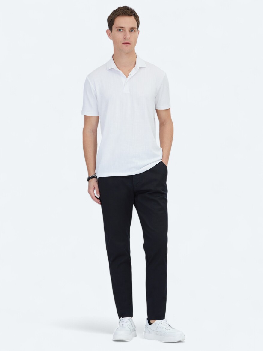 Beyaz Jakarlı Polo Yaka T-Shirt - KİP