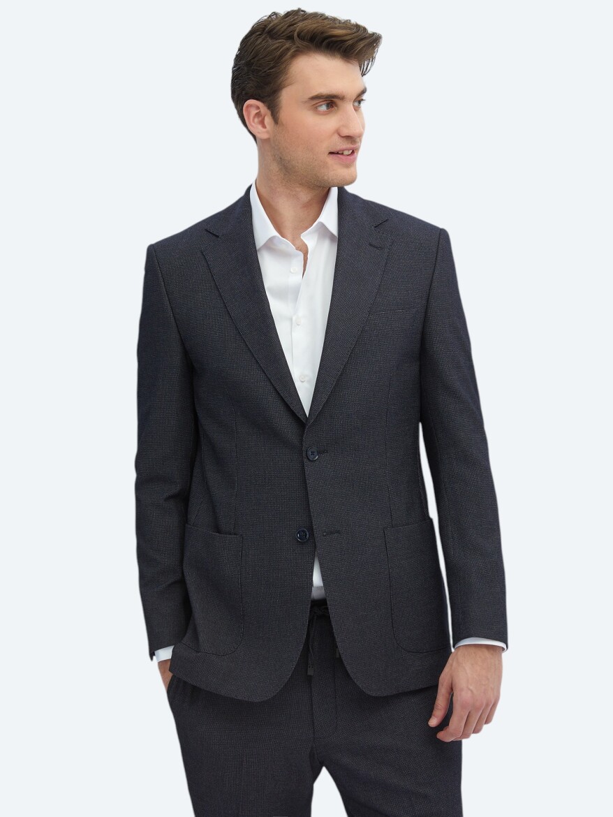 Black Patterned Modern Fit Suit - 1