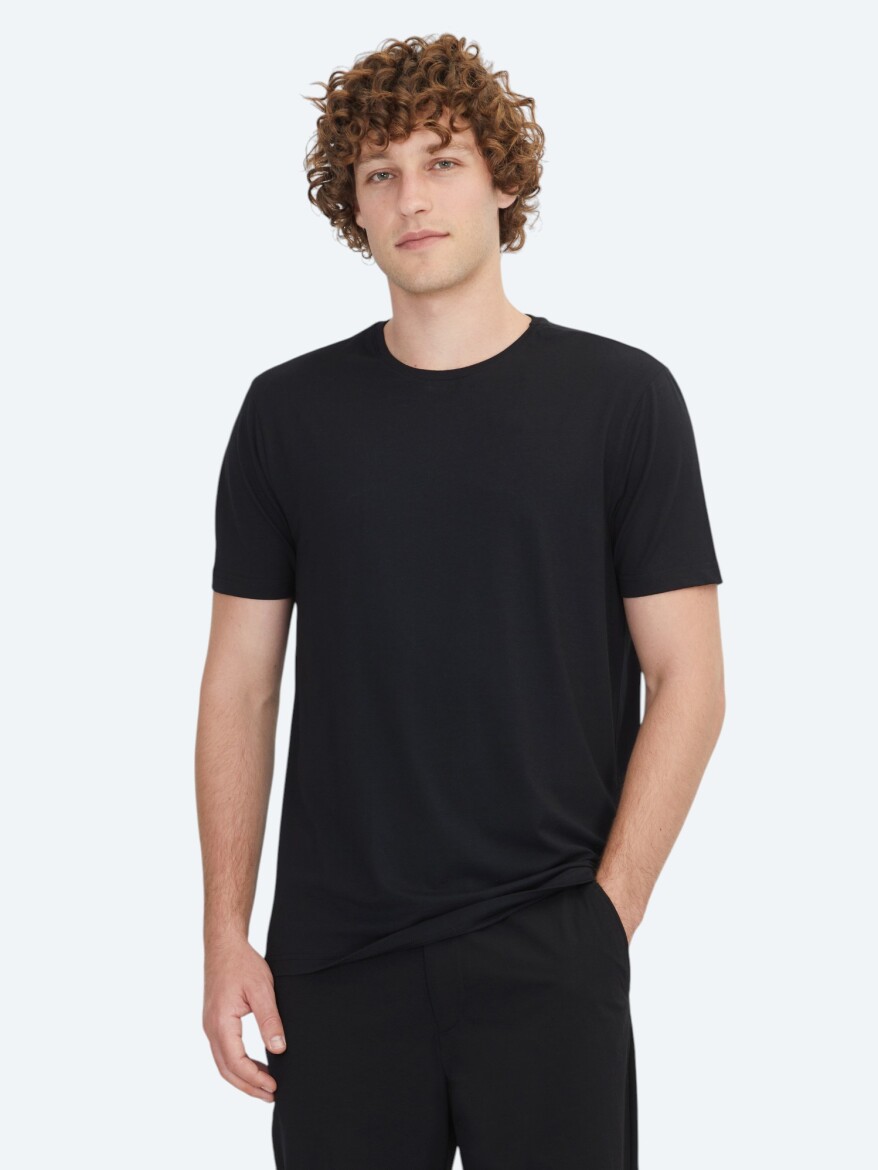Black Plain Crew Neck Cotton Blended T-Shirt - KİP