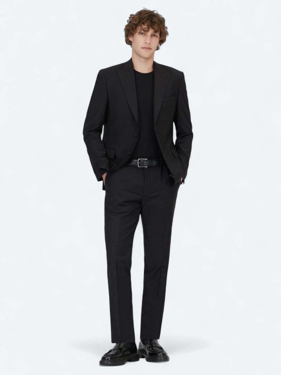 Black Plain Modern Fit Wool Blended Suit - 1