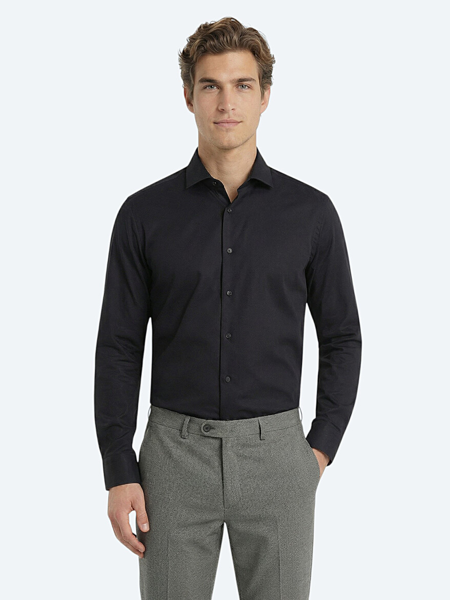 Black Plain Regular Fit Weaving Classical 100% Cotton Shirt - 2