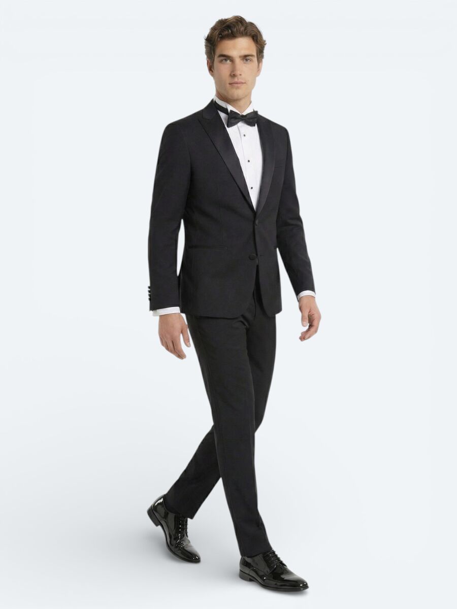 Black Plain Slim Fit Removable Double Breasted Weaving Tuxedo - 1