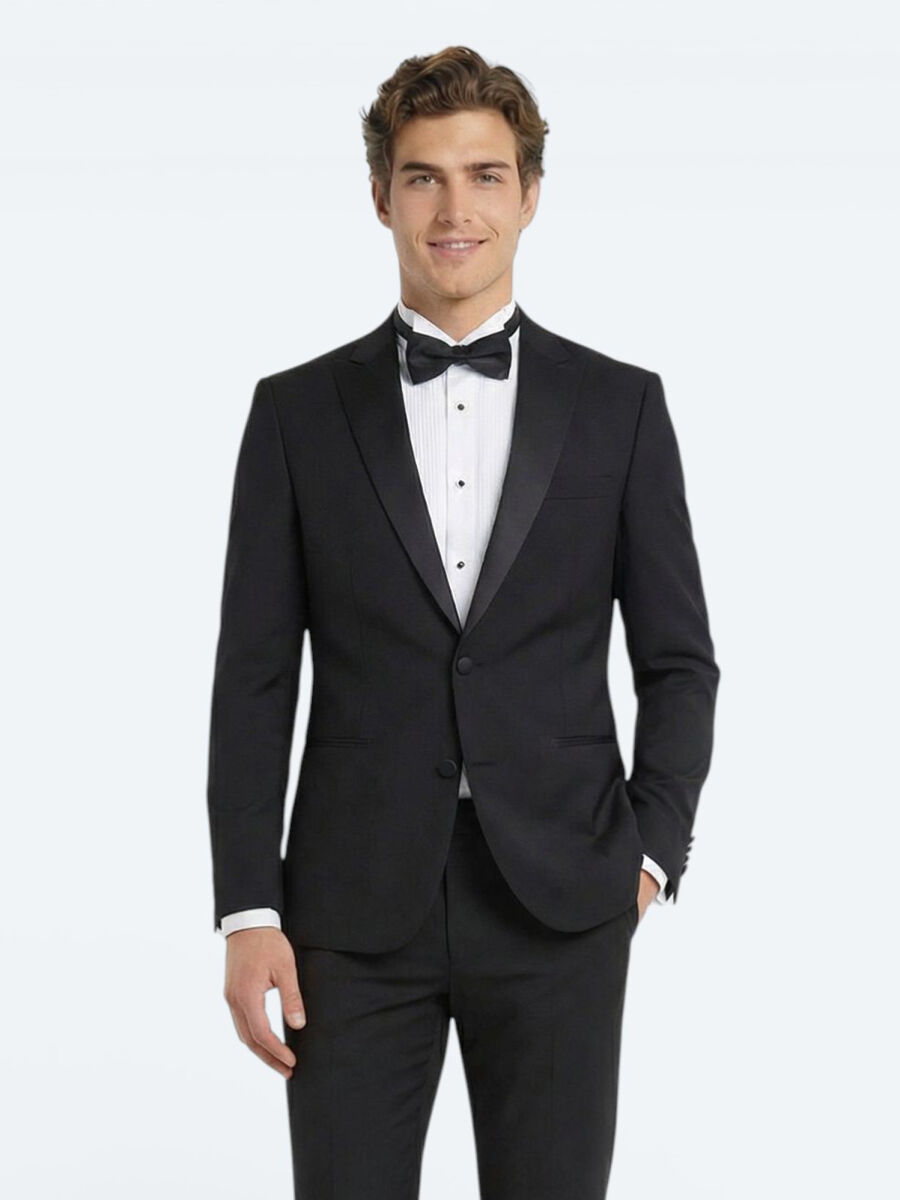 Black Plain Slim Fit Removable Double Breasted Weaving Tuxedo - 2