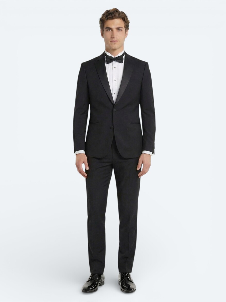 Black Plain Slim Fit Removable Double Breasted Weaving Tuxedo - 3