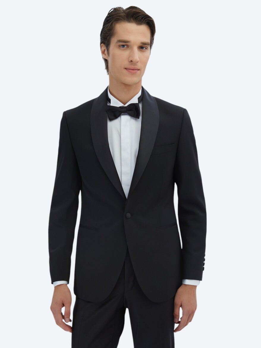 Black Plain Slim Fit Removable Shawl Collar Weaving Tuxedo - 1