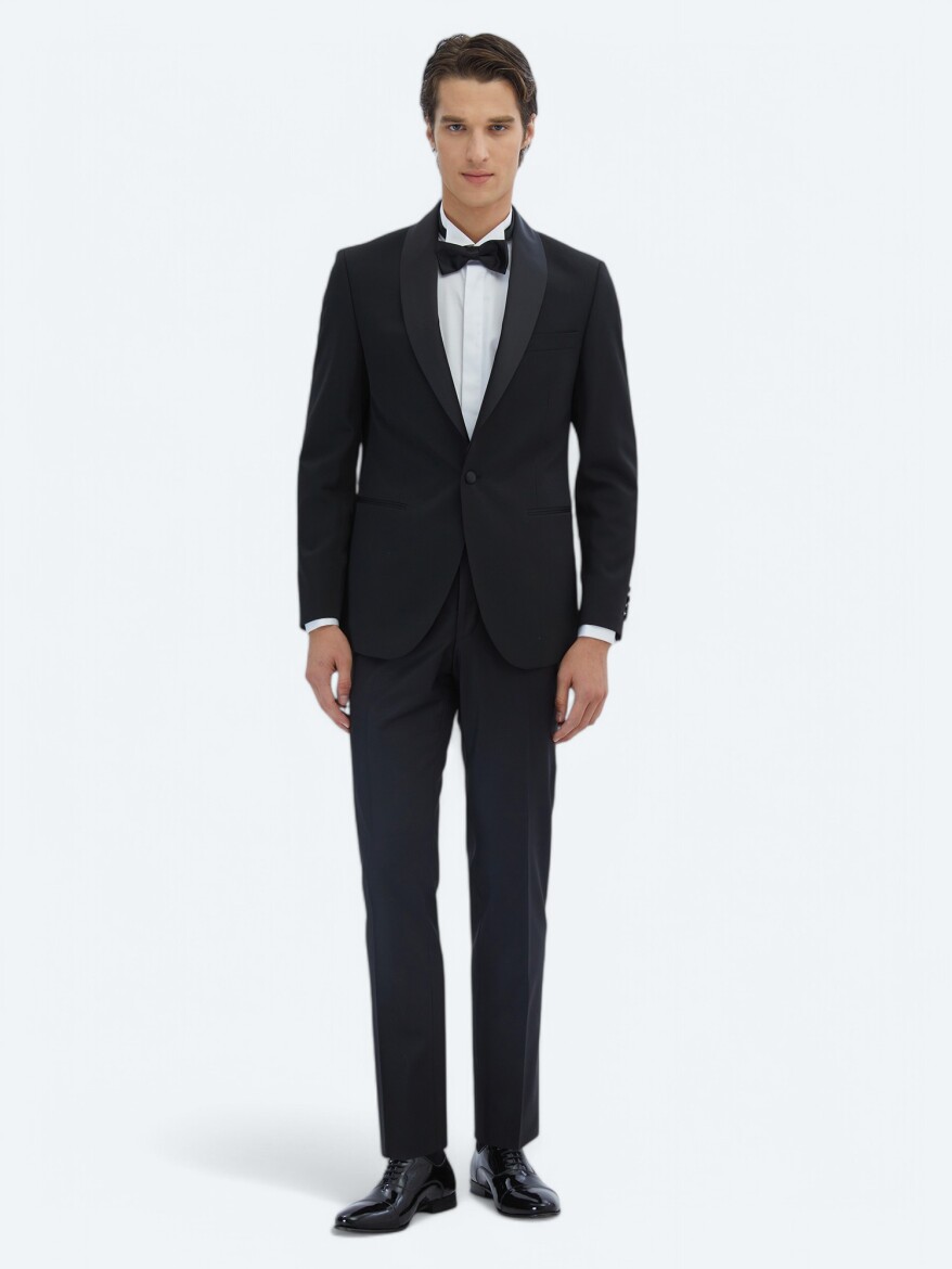 Black Plain Slim Fit Removable Shawl Collar Weaving Tuxedo - 2