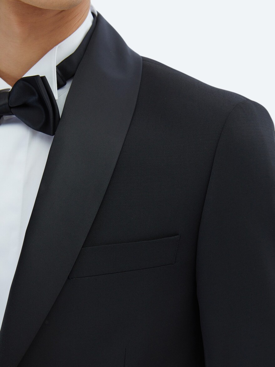 Black Plain Slim Fit Removable Shawl Collar Weaving Tuxedo - 4