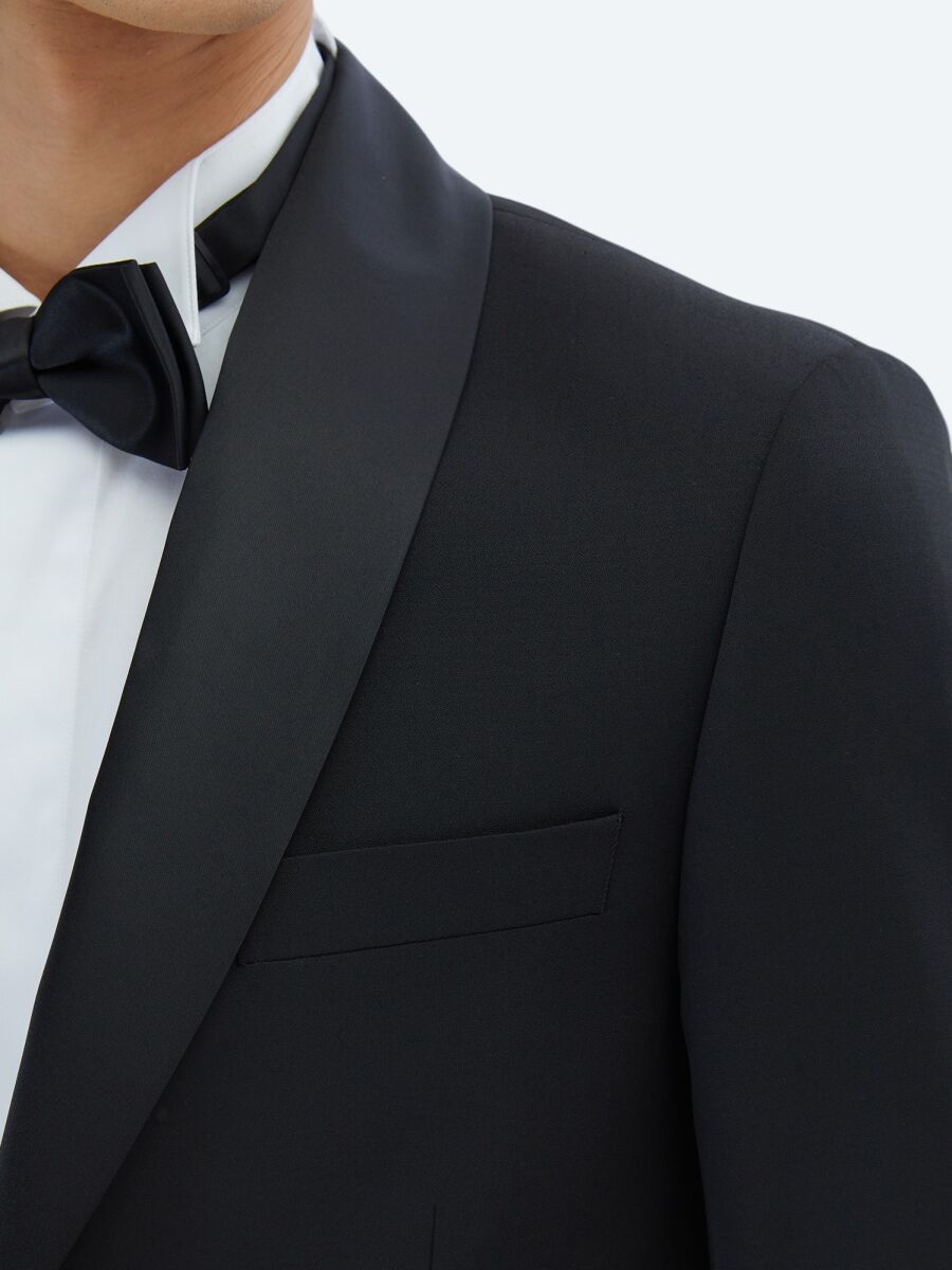 Black Plain Slim Fit Removable Shawl Collar Weaving Tuxedo - 4