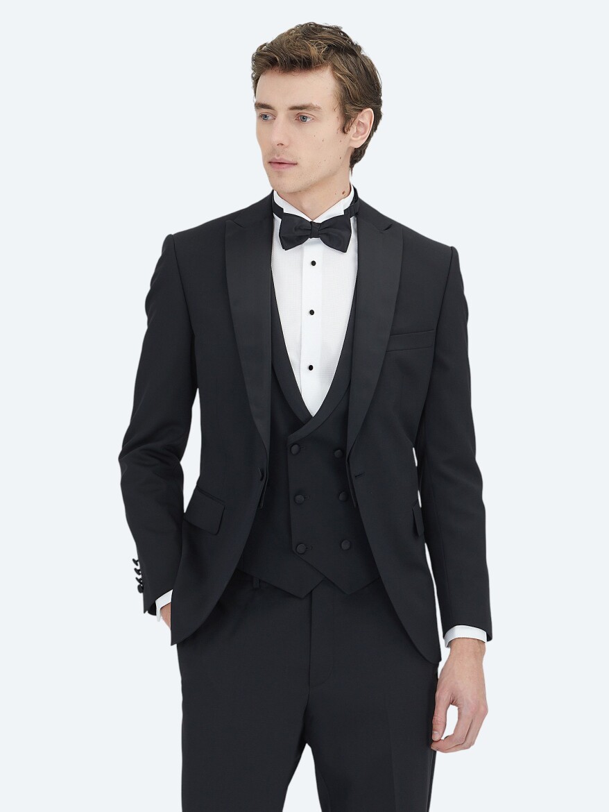 Black Plain Slim Fit Shawl Collar Weaving Tuxedo With West - 1