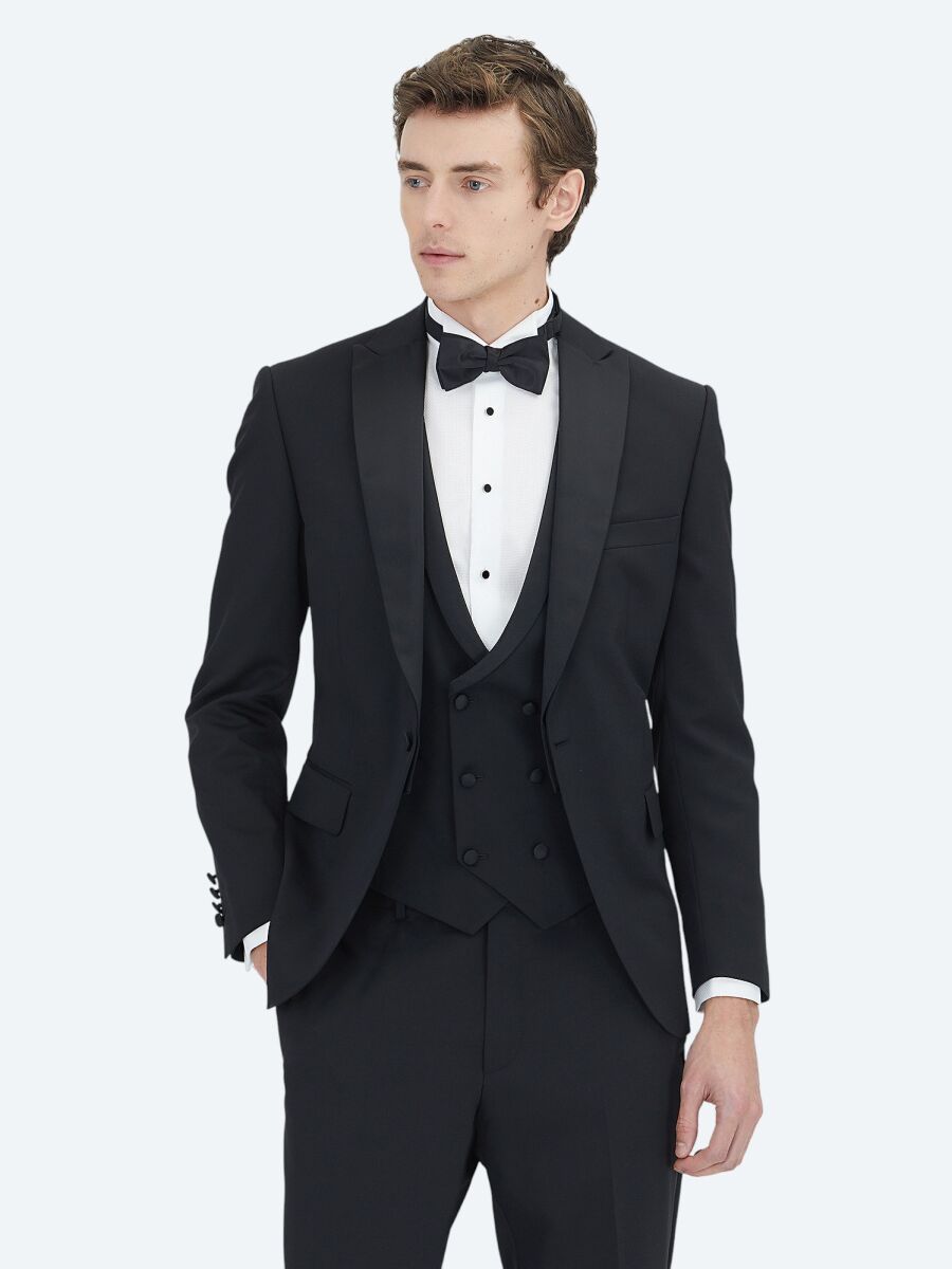 Black Plain Slim Fit Shawl Collar Weaving Tuxedo With West - 1
