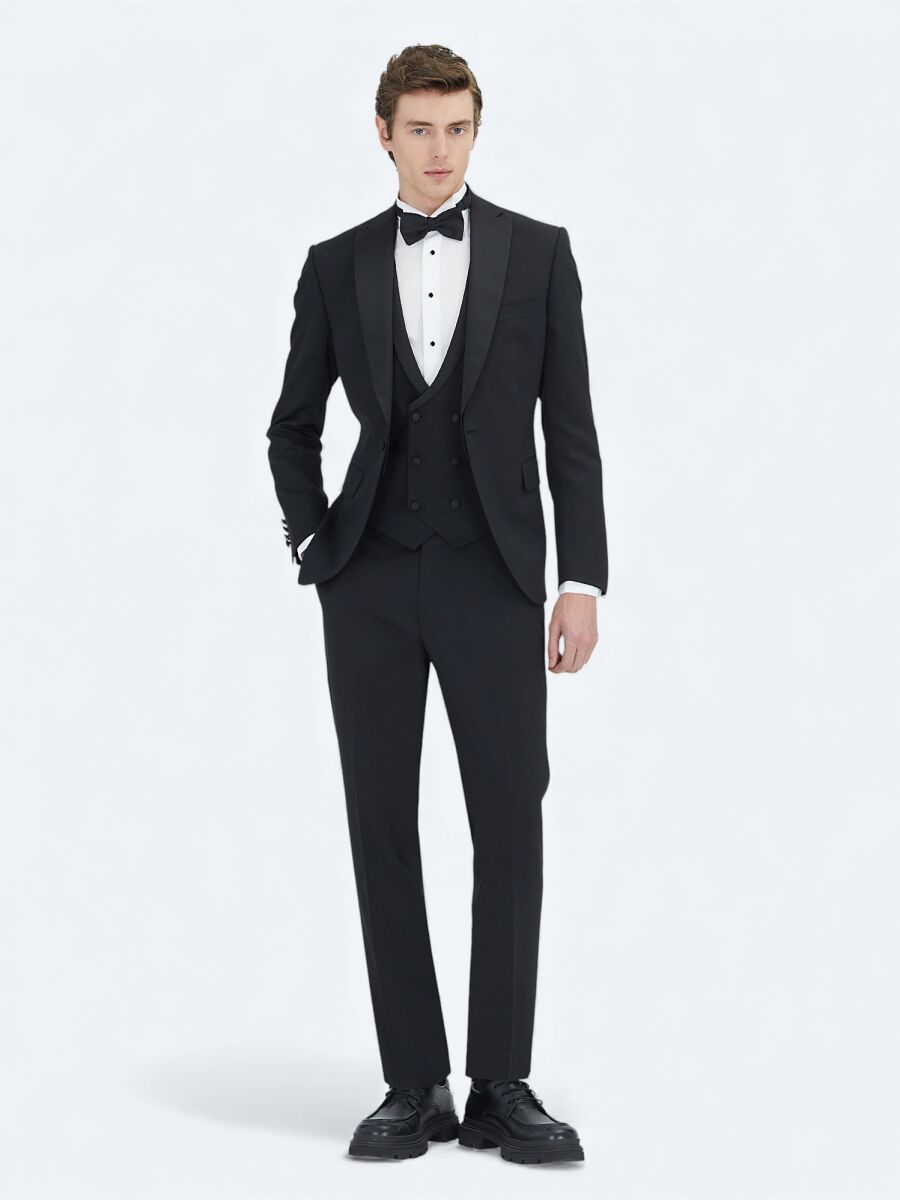 Black Plain Slim Fit Shawl Collar Weaving Tuxedo With West - 2