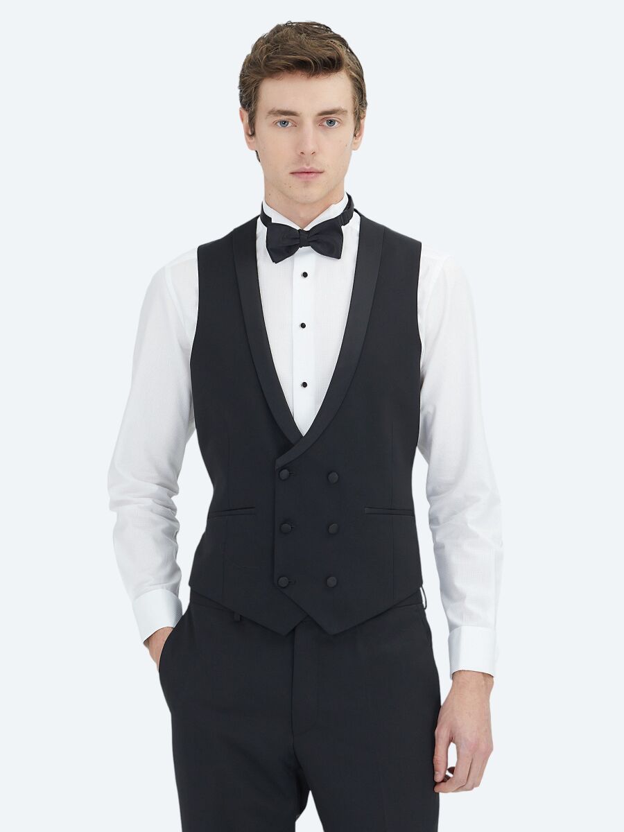Black Plain Slim Fit Shawl Collar Weaving Tuxedo With West - 3