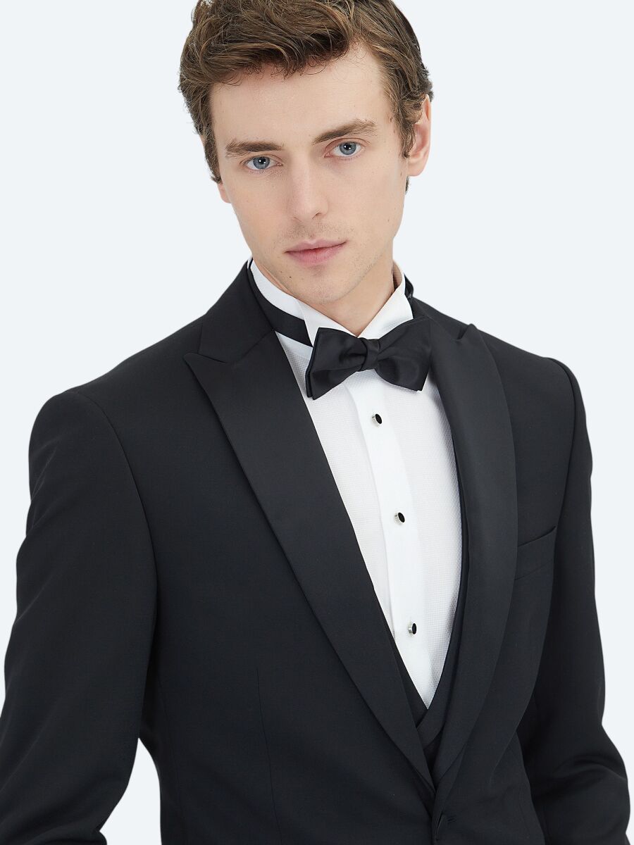 Black Plain Slim Fit Shawl Collar Weaving Tuxedo With West - 4