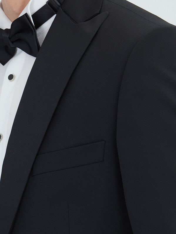 Black Plain Slim Fit Shawl Collar Weaving Tuxedo With West - 5
