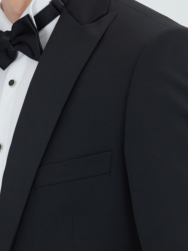 Black Plain Slim Fit Shawl Collar Weaving Tuxedo With West - 5