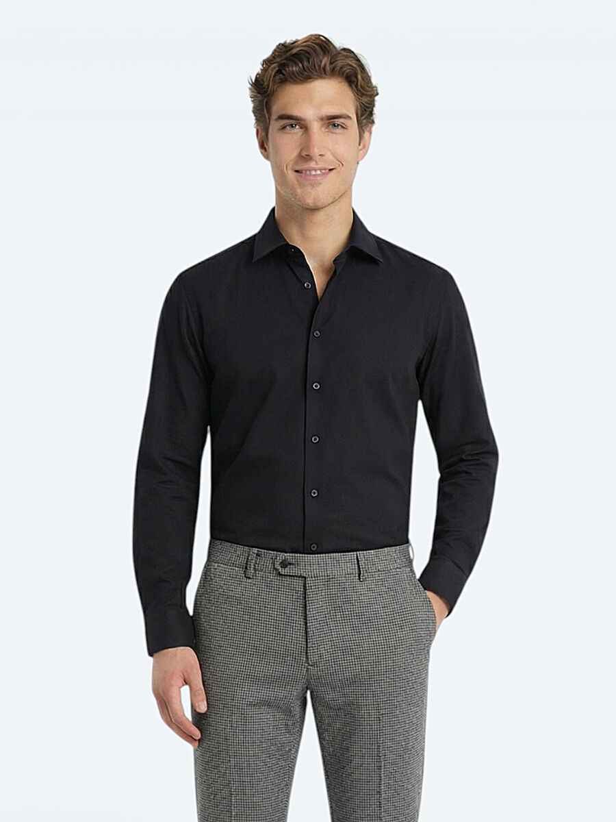 Black Plain Slim Fit Weaving Classical Cotton Blended Shirt - 1