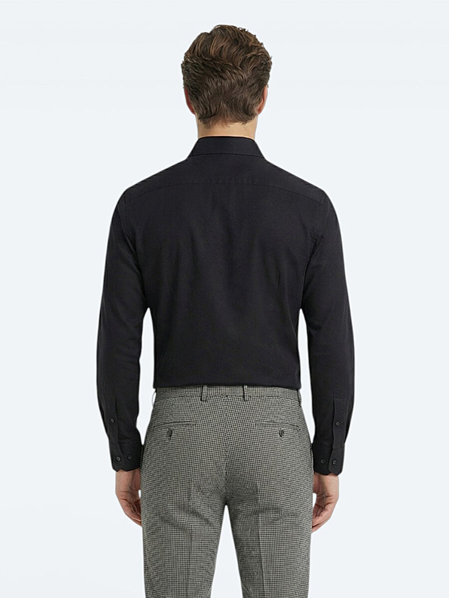 Black Plain Slim Fit Weaving Classical Cotton Blended Shirt - 4