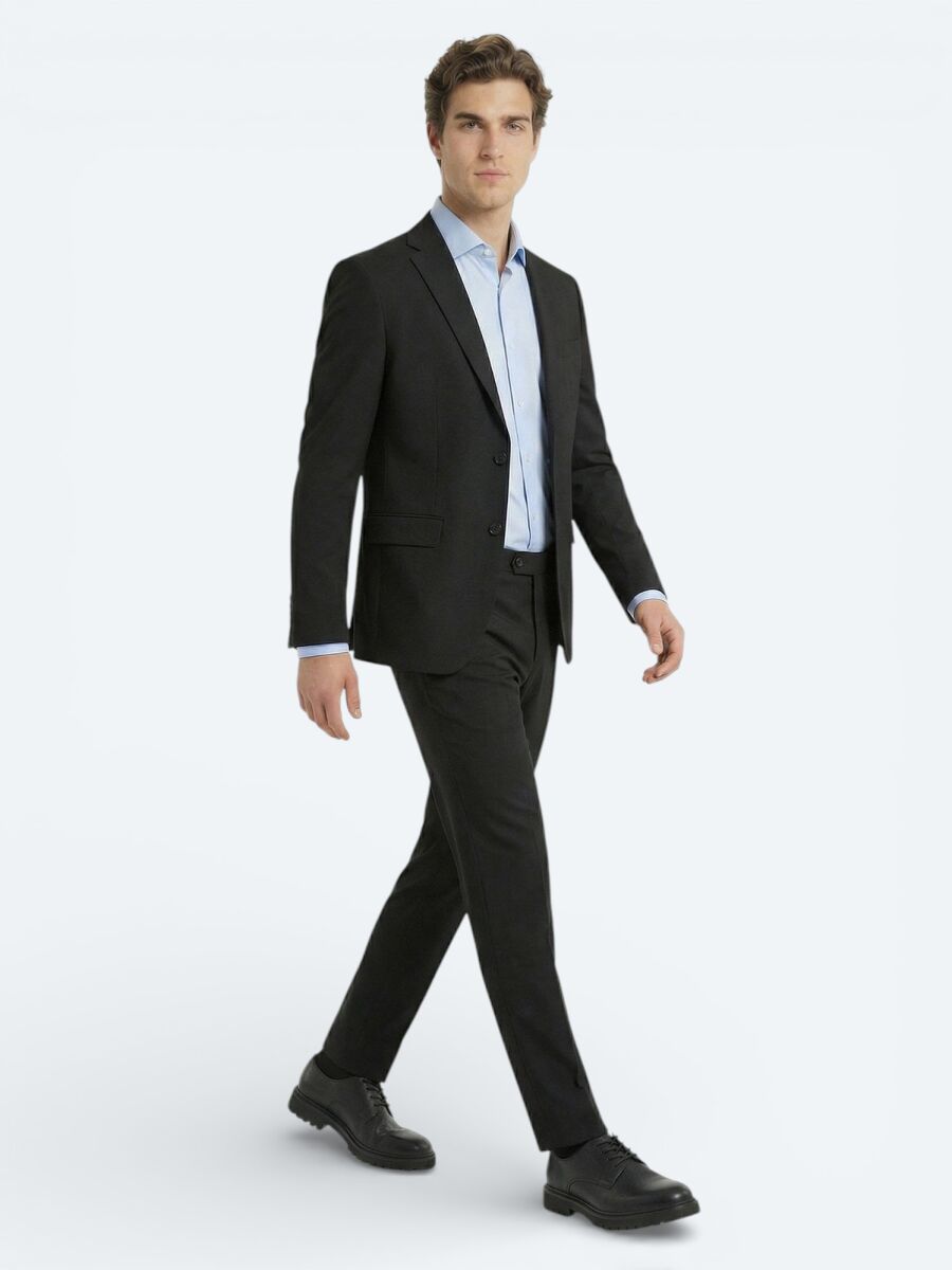 Black Plain Slim Fit Wool Blended Suit - 1