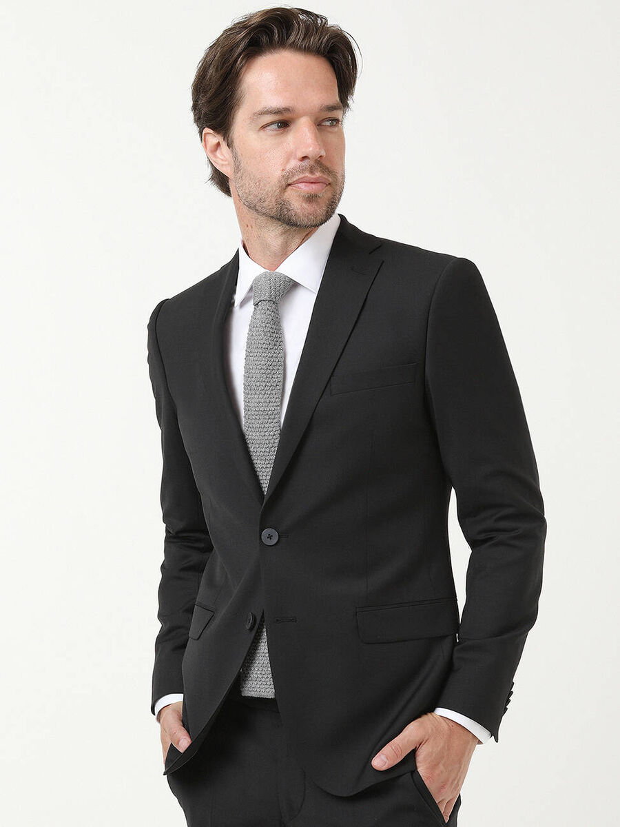 Black Plain Slim Fit Wool Blended Suit - 1