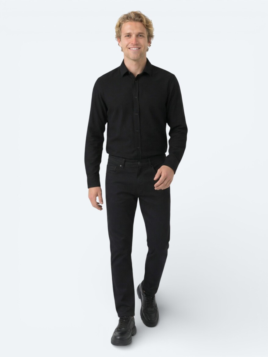 Black Ribbed Regular Fit Weaving Casual 100% Cotton Shirt 