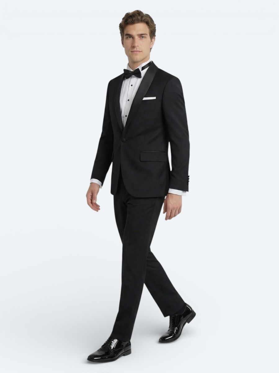 Black Slim Fit Removable Shawl Collar Weaving Tuxedo - 2